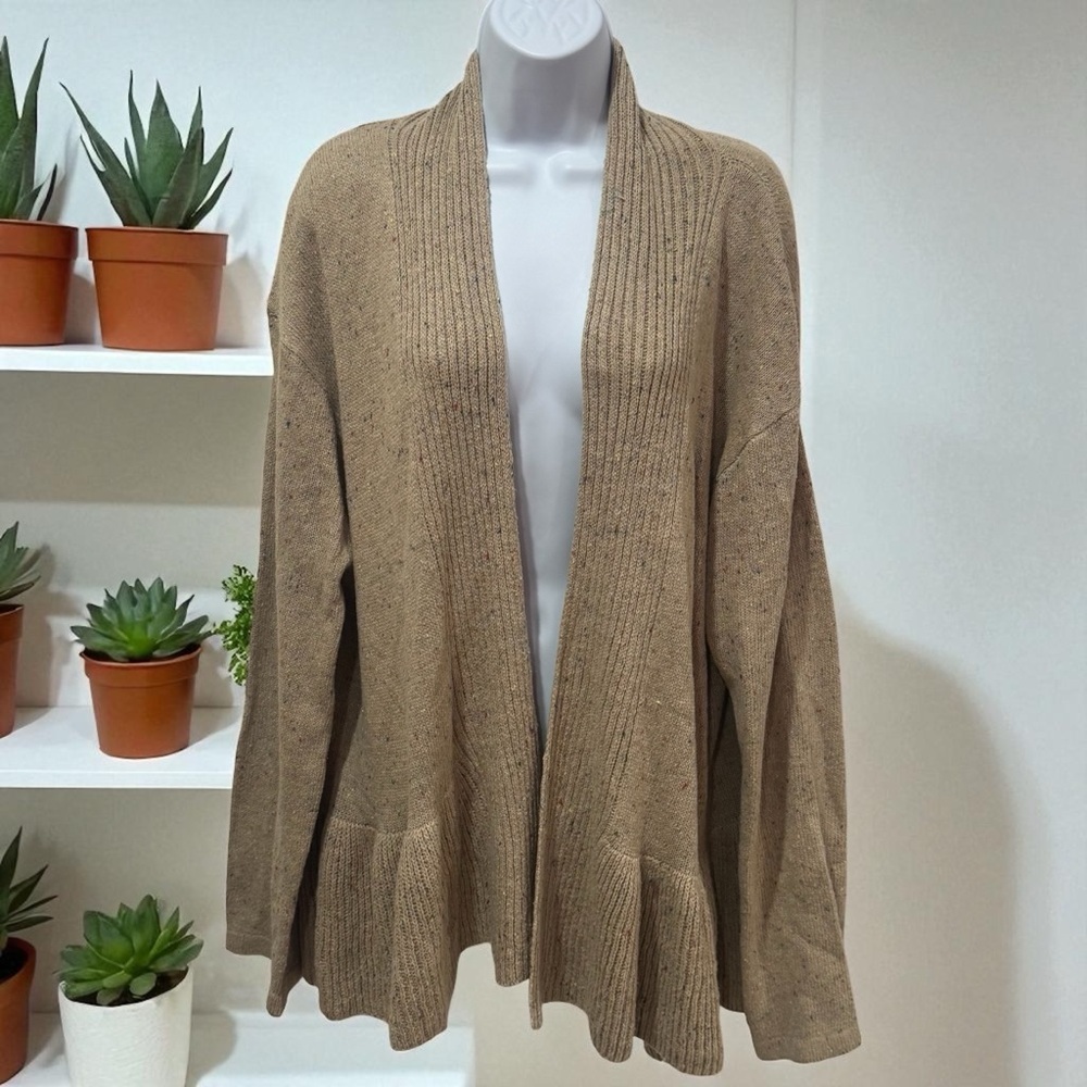NEW‎ Easel Tan Multicolor Micro Dot Ruffle Cardigan Holiday Wool Blend Cozy L